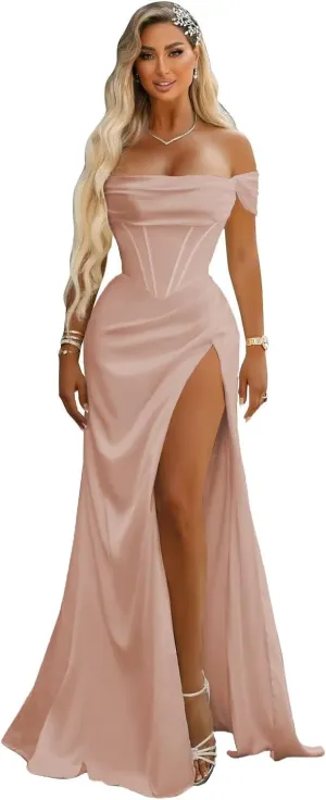 SYYS Satin Bridesmaid Dresses for Women 2024 Off Shoulder Bodycon Prom Dresses SYYS402