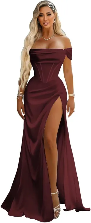 SYYS Satin Bridesmaid Dresses for Women 2024 Off Shoulder Bodycon Prom Dresses SYYS402