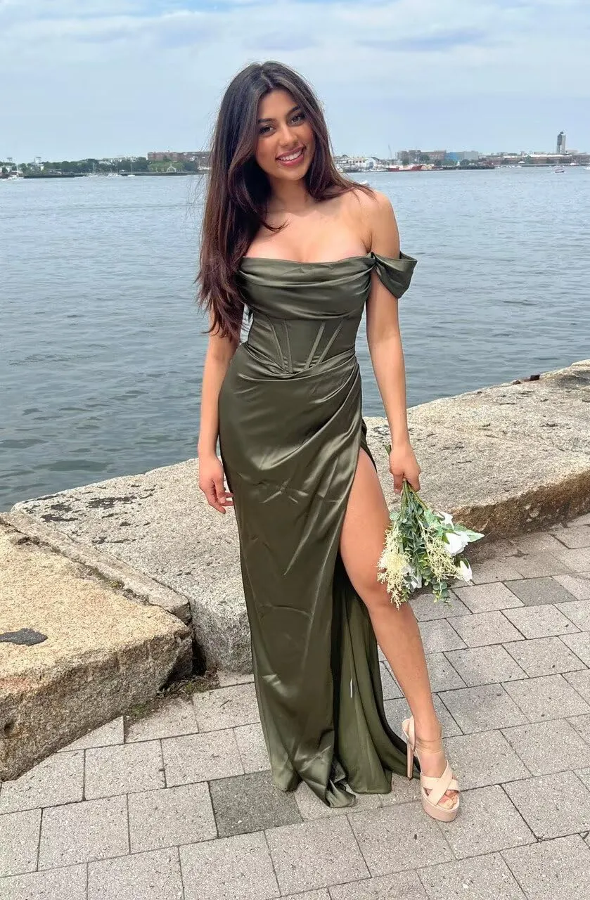SYYS Satin Bridesmaid Dresses for Women 2024 Off Shoulder Bodycon Prom Dresses SYYS402