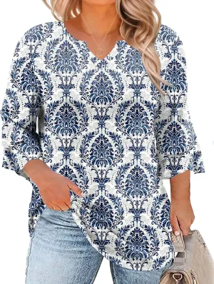 TFSDOD Plus Size Tops for Women V Neck 3/4 Sleeve Dressy Tunics Business Casual Double Layers Shirts(1XL-5XL