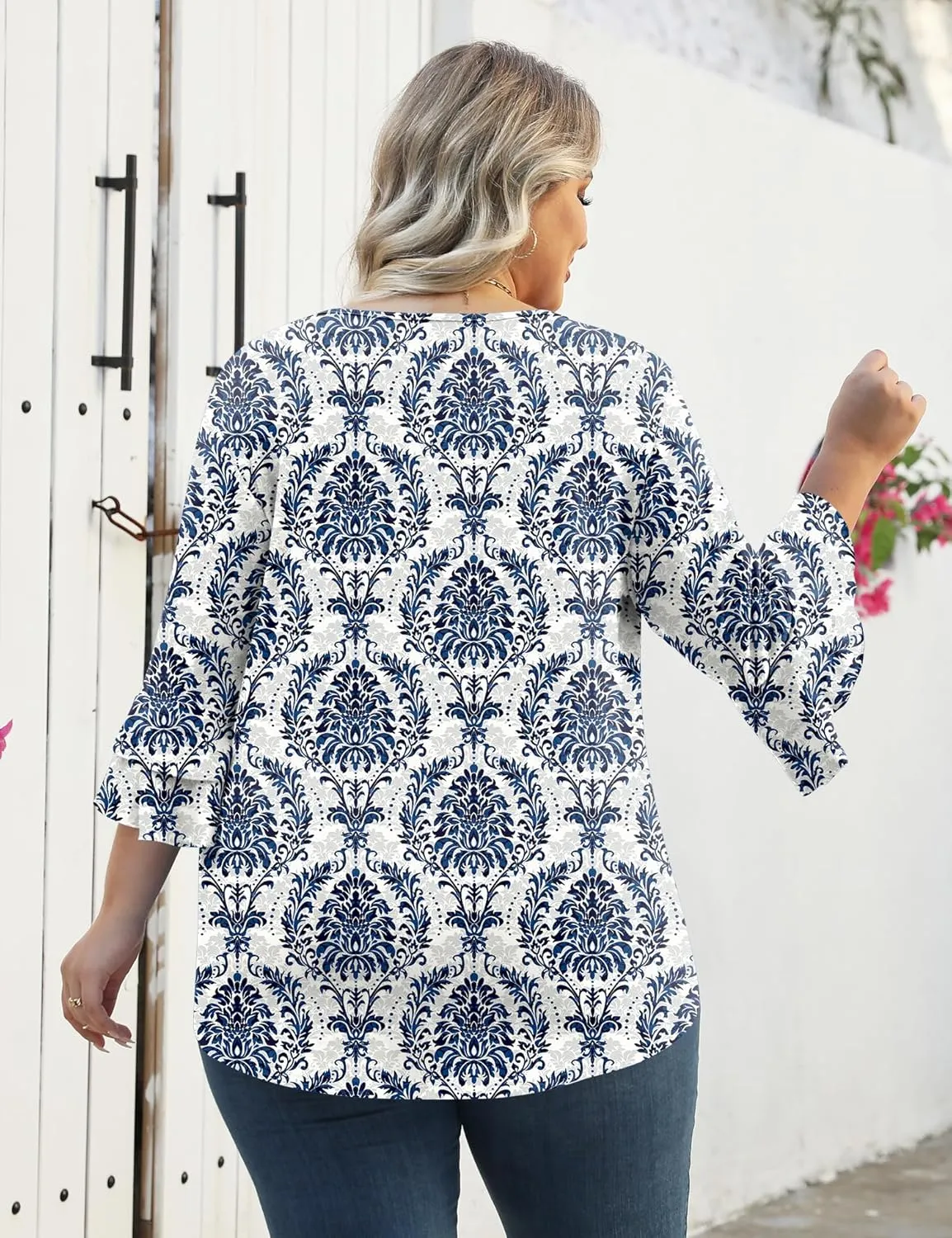 TFSDOD Plus Size Tops for Women V Neck 3/4 Sleeve Dressy Tunics Business Casual Double Layers Shirts(1XL-5XL