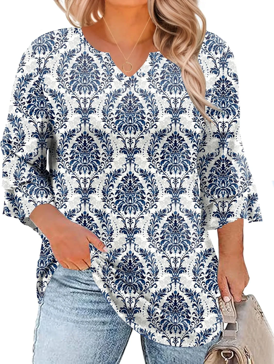 TFSDOD Plus Size Tops for Women V Neck 3/4 Sleeve Dressy Tunics Business Casual Double Layers Shirts(1XL-5XL