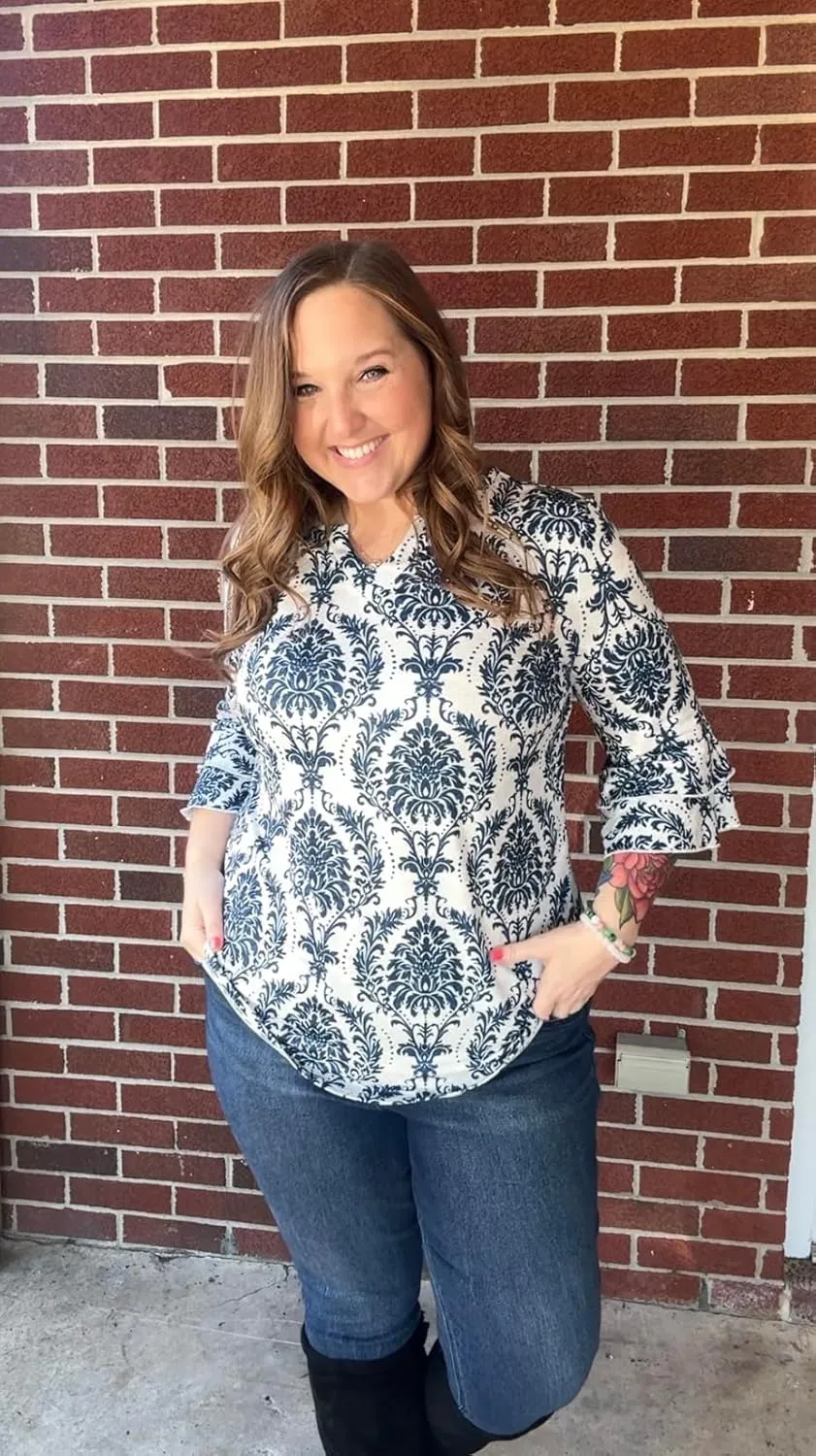 TFSDOD Plus Size Tops for Women V Neck 3/4 Sleeve Dressy Tunics Business Casual Double Layers Shirts(1XL-5XL