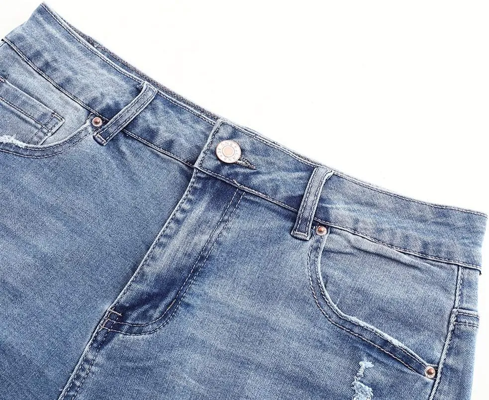 THUNDER STAR Women Mid Rise Ripped Stretchy Jeans Shorts Frayed Raw Hem Casual Denim Shorts