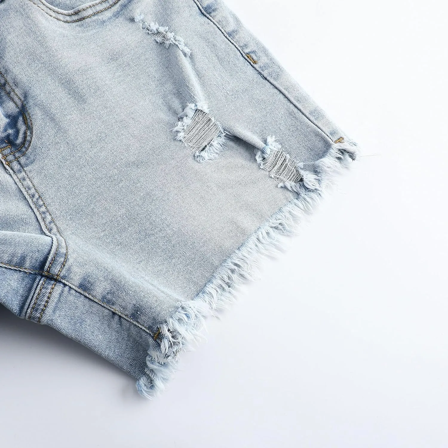 THUNDER STAR Women Mid Rise Ripped Stretchy Jeans Shorts Frayed Raw Hem Casual Denim Shorts