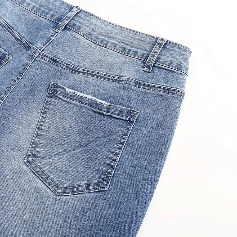 THUNDER STAR Women Mid Rise Ripped Stretchy Jeans Shorts Frayed Raw Hem Casual Denim Shorts