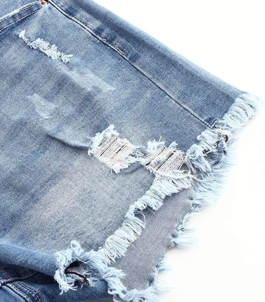 THUNDER STAR Women Mid Rise Ripped Stretchy Jeans Shorts Frayed Raw Hem Casual Denim Shorts