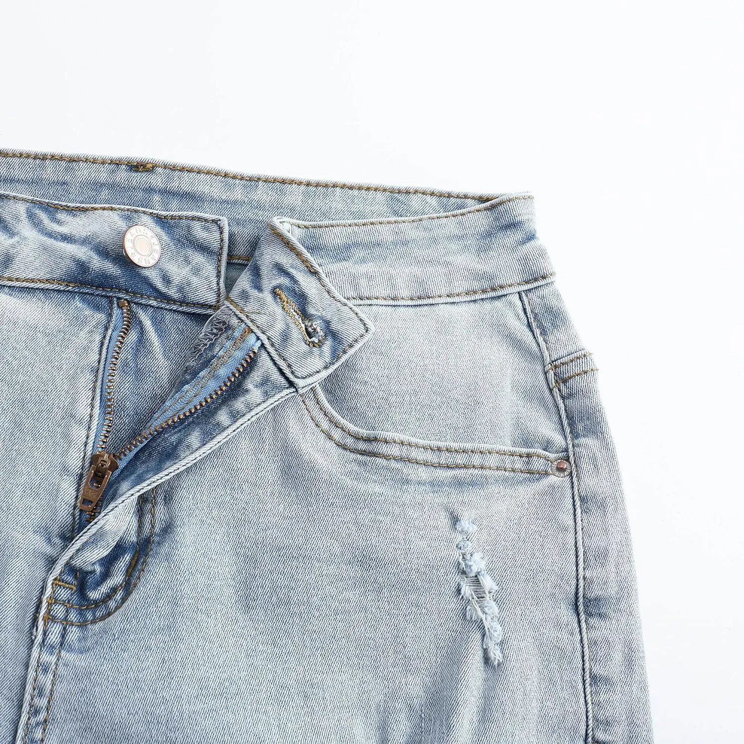 THUNDER STAR Women Mid Rise Ripped Stretchy Jeans Shorts Frayed Raw Hem Casual Denim Shorts