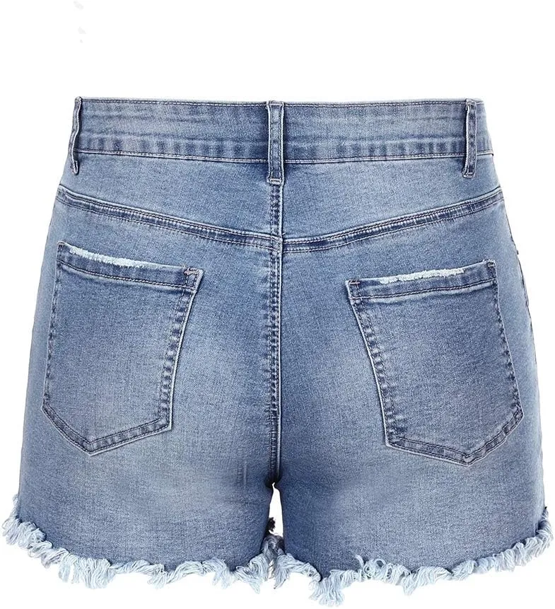 THUNDER STAR Women Mid Rise Ripped Stretchy Jeans Shorts Frayed Raw Hem Casual Denim Shorts