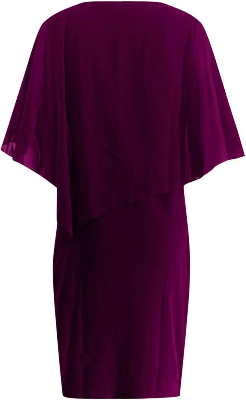 TIAFORD Women's V Neck Chiffon Midi Dress Half Sleeve Casual Flowy Layered Asymmetric Sequins Plus Size Wedding Guest Dresses