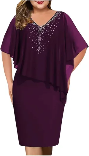 TIAFORD Women's V Neck Chiffon Midi Dress Half Sleeve Casual Flowy Layered Asymmetric Sequins Plus Size Wedding Guest Dresses