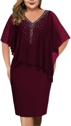 TIAFORD Women's V Neck Chiffon Midi Dress Half Sleeve Casual Flowy Layered Asymmetric Sequins Plus Size Wedding Guest Dresses