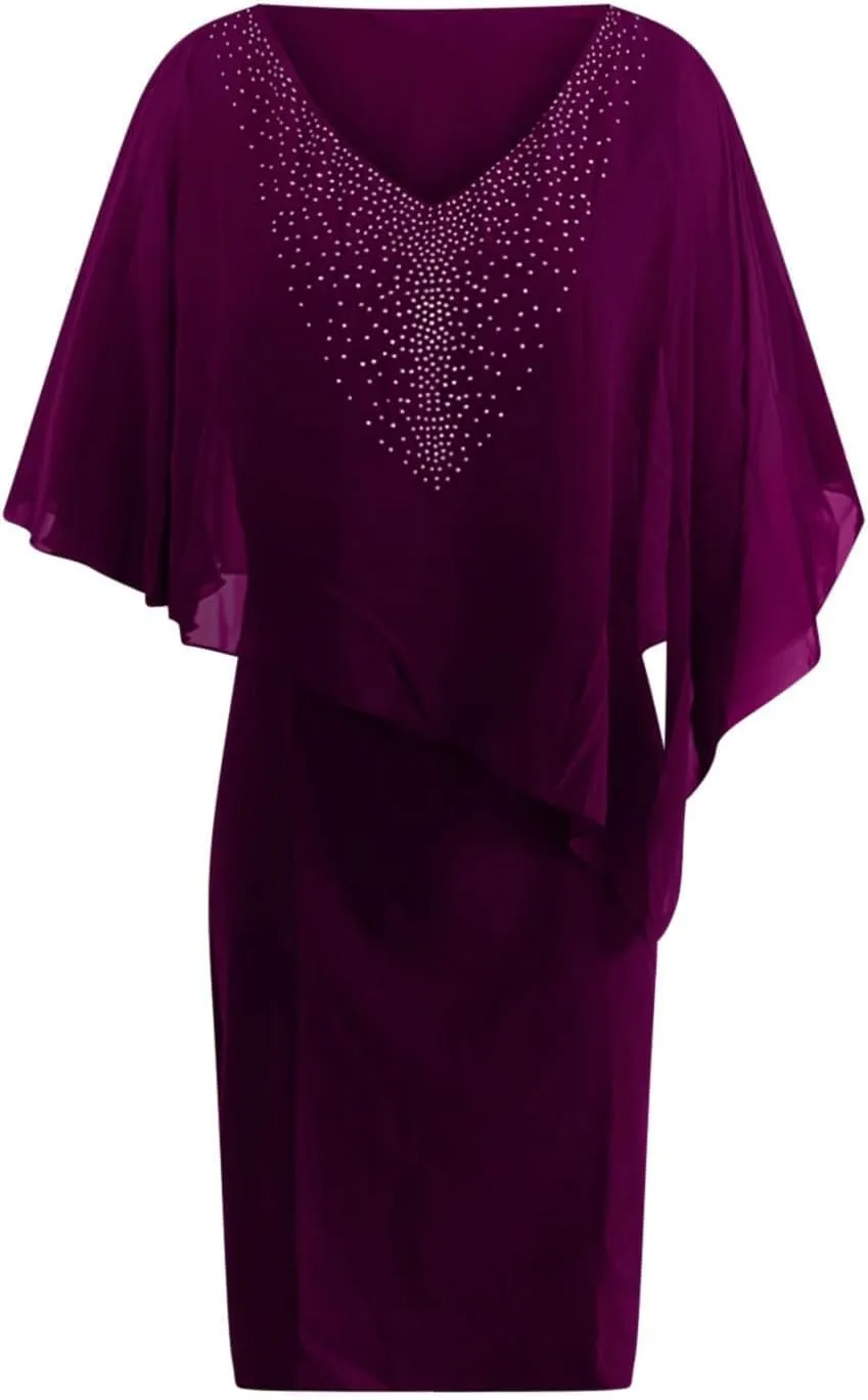 TIAFORD Women's V Neck Chiffon Midi Dress Half Sleeve Casual Flowy Layered Asymmetric Sequins Plus Size Wedding Guest Dresses