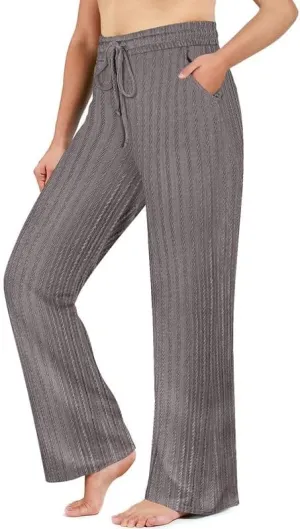 TIYOMI Plus Size Ribbed Pants for Women Drawstring High Waist Wide Leg Lounge Pants Knit Flared Trousers with Pockets XL-5XL