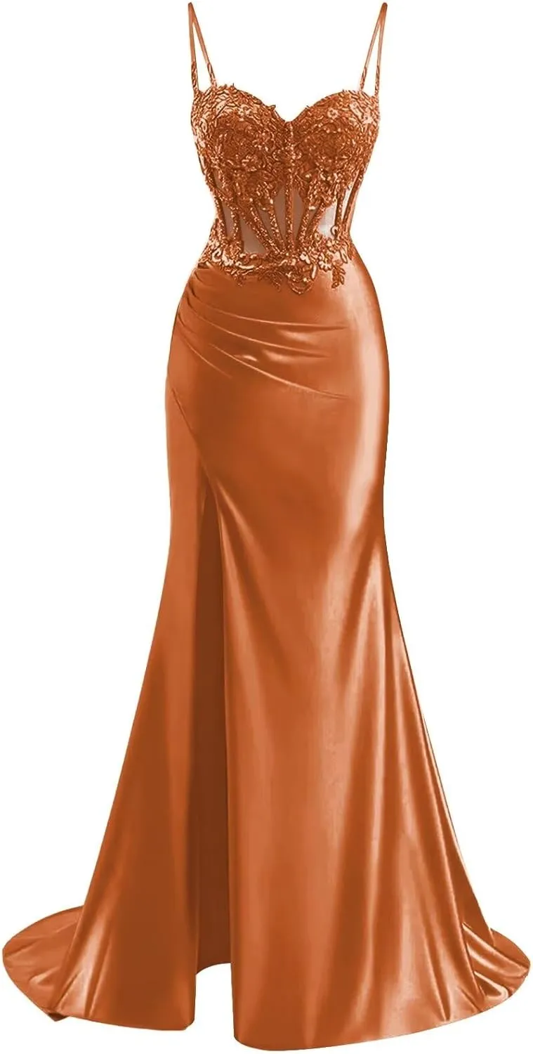 TORYEMY Spaghetti Strap Satin Prom Dress with Slit Lace Appliques Sweetheart Mermaid Long Formal Evening Gown for Women