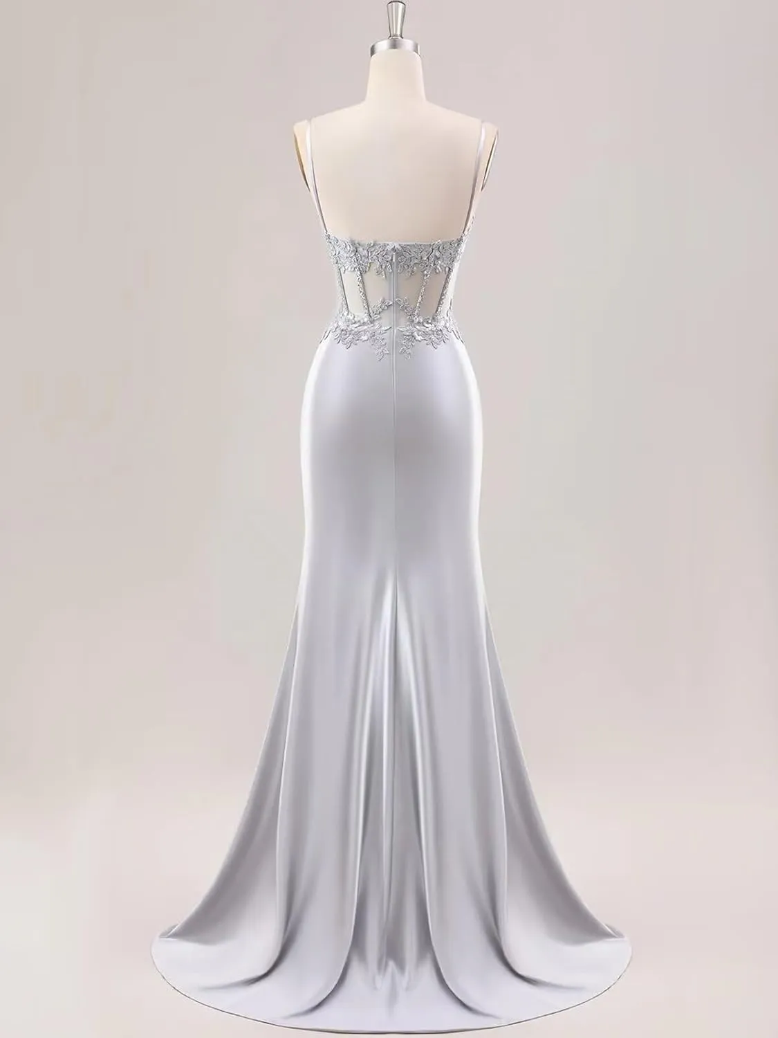 TORYEMY Spaghetti Strap Satin Prom Dress with Slit Lace Appliques Sweetheart Mermaid Long Formal Evening Gown for Women