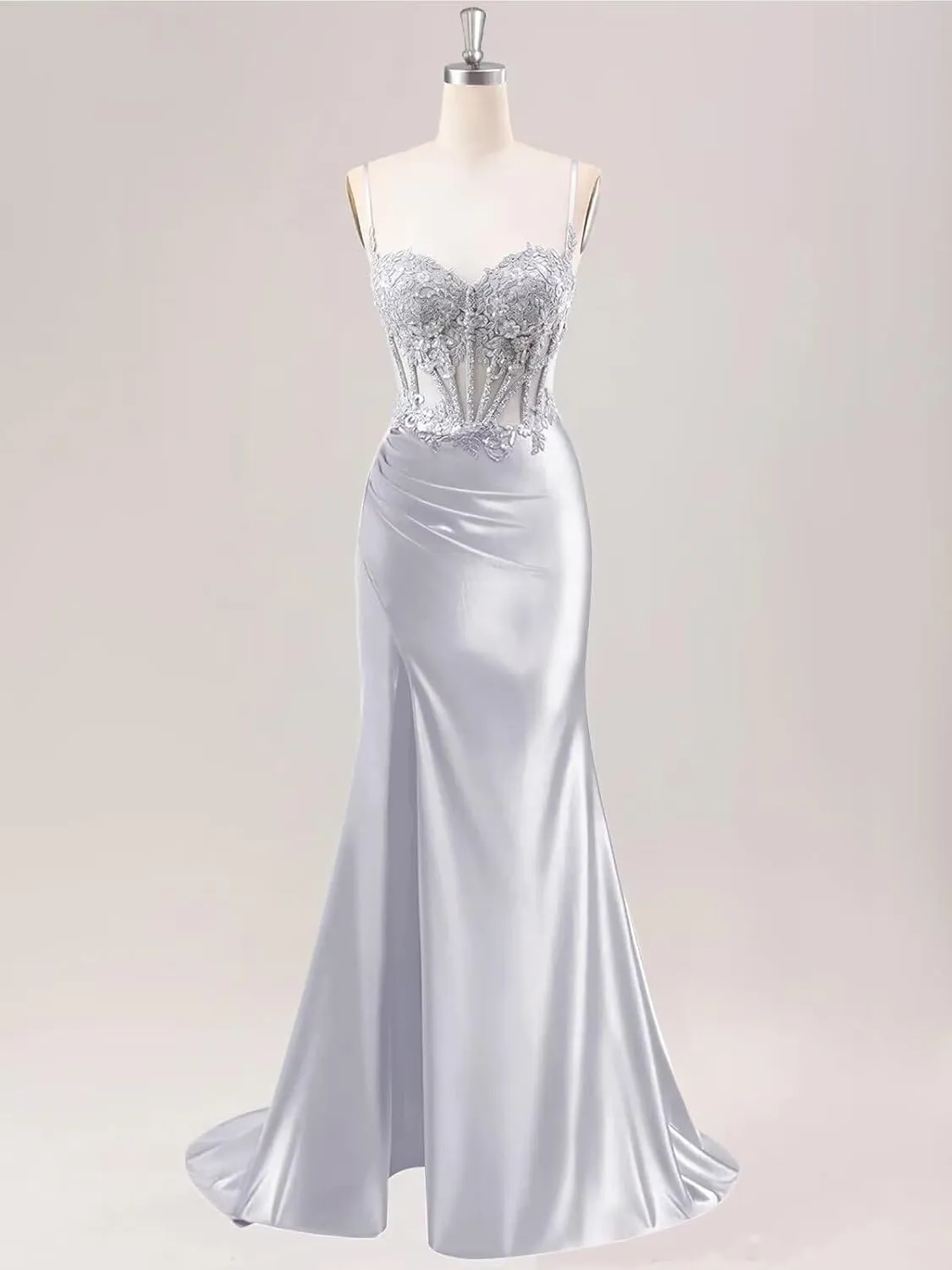 TORYEMY Spaghetti Strap Satin Prom Dress with Slit Lace Appliques Sweetheart Mermaid Long Formal Evening Gown for Women