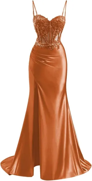 TORYEMY Spaghetti Strap Satin Prom Dress with Slit Lace Appliques Sweetheart Mermaid Long Formal Evening Gown for Women