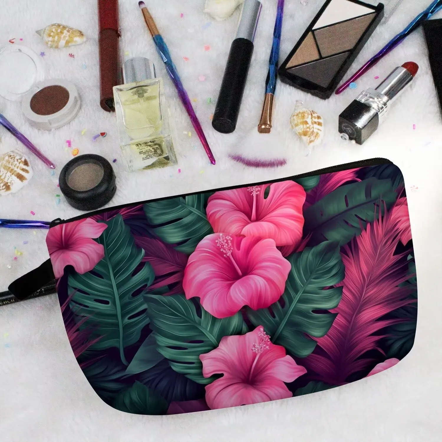 Tropical Flower Makeup Bag Cute Small Organizer Zipper Pouch Tropical Flower Cosmetic Bag Birthday Present for Women Friends -2
