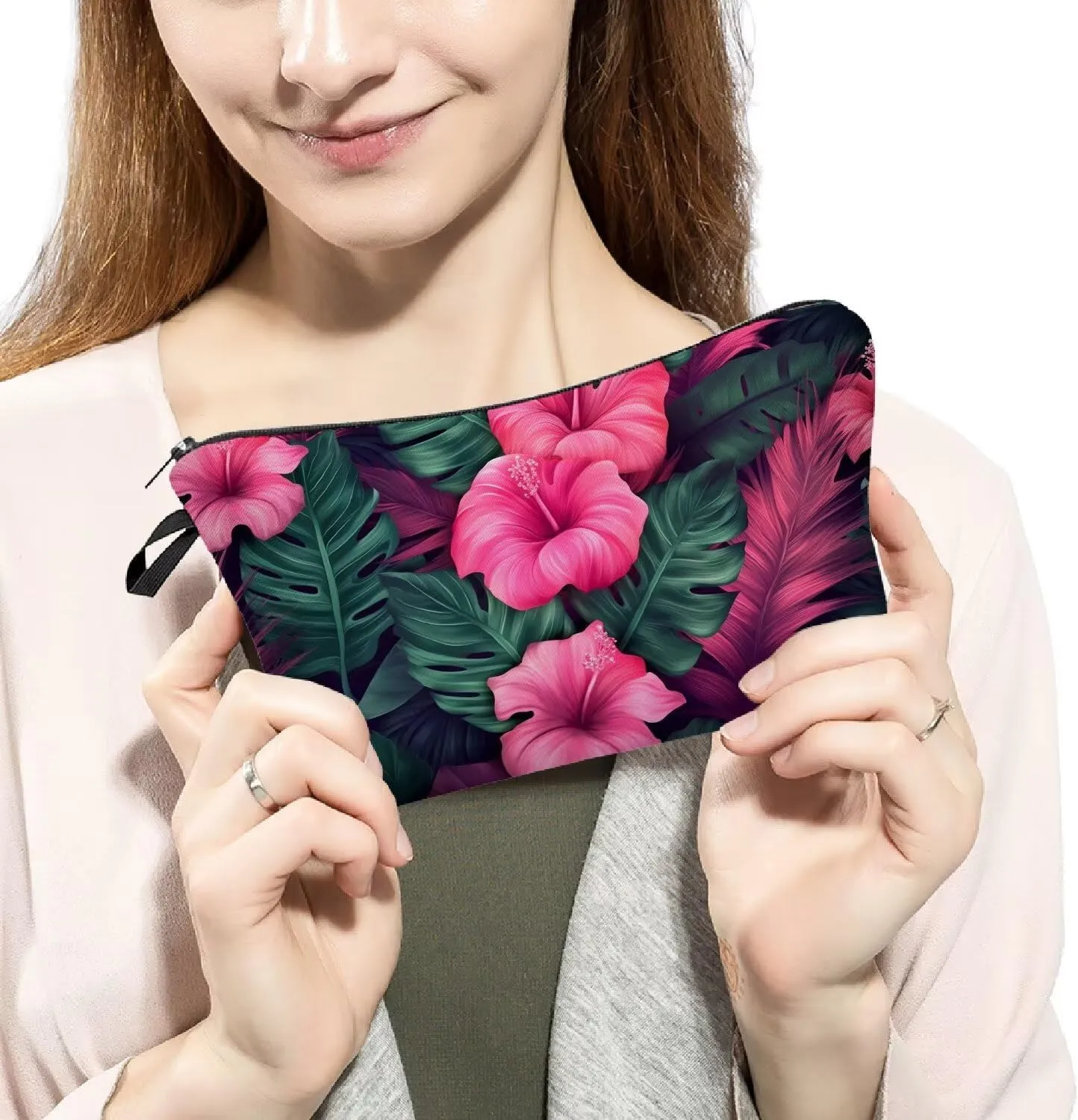 Tropical Flower Makeup Bag Cute Small Organizer Zipper Pouch Tropical Flower Cosmetic Bag Birthday Present for Women Friends -2