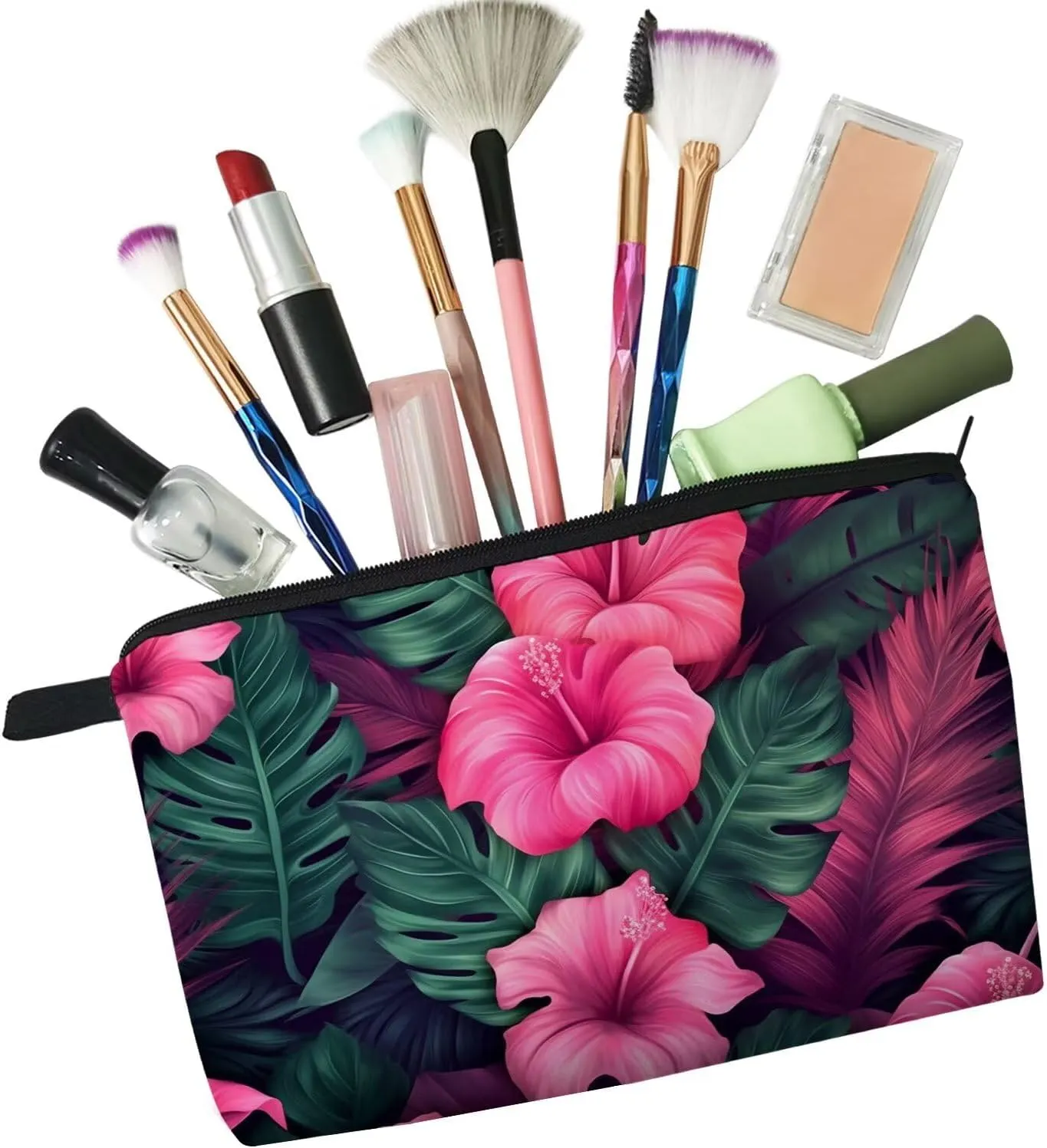 Tropical Flower Makeup Bag Cute Small Organizer Zipper Pouch Tropical Flower Cosmetic Bag Birthday Present for Women Friends -2