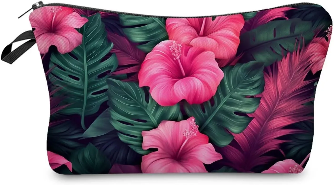 Tropical Flower Makeup Bag Cute Small Organizer Zipper Pouch Tropical Flower Cosmetic Bag Birthday Present for Women Friends -2