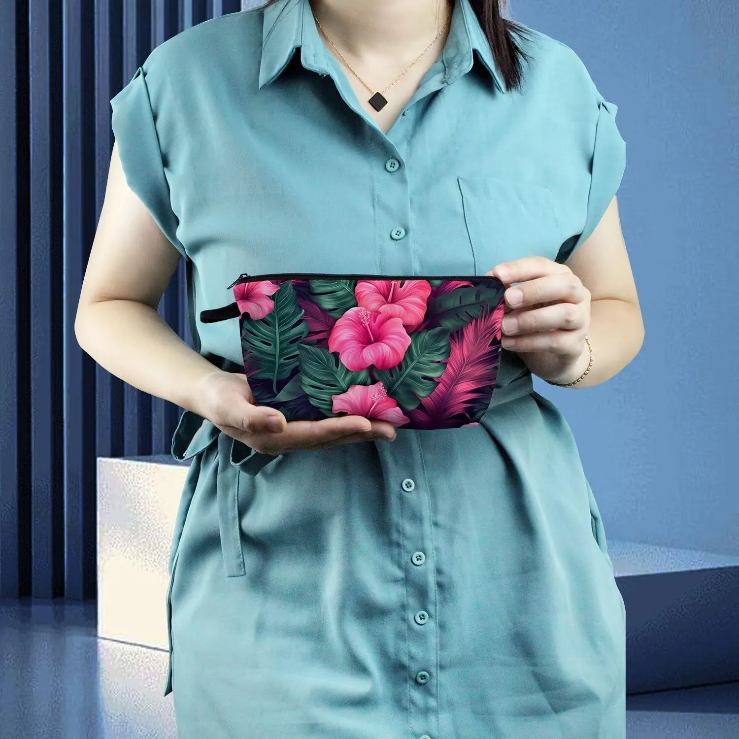 Tropical Flower Makeup Bag Cute Small Organizer Zipper Pouch Tropical Flower Cosmetic Bag Birthday Present for Women Friends -2