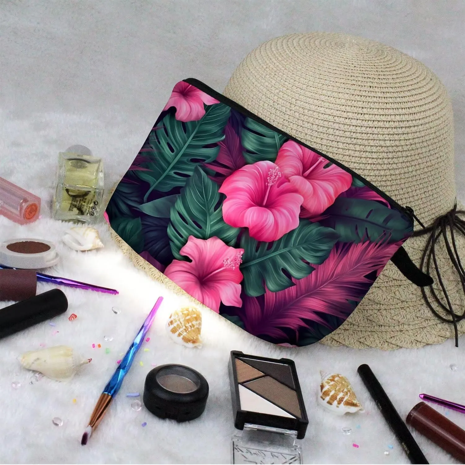Tropical Flower Makeup Bag Cute Small Organizer Zipper Pouch Tropical Flower Cosmetic Bag Birthday Present for Women Friends -2