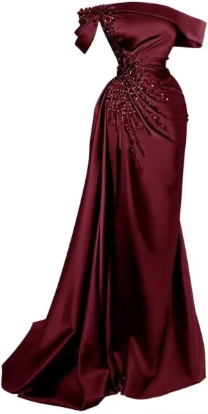 Tsbridal Mermaid Beads Prom Dress for Women with Slit Satin Long Off The Shoulder Formal Evening Party Gown
