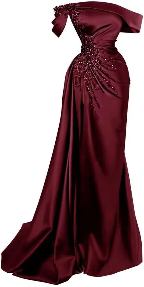 Tsbridal Mermaid Beads Prom Dress for Women with Slit Satin Long Off The Shoulder Formal Evening Party Gown