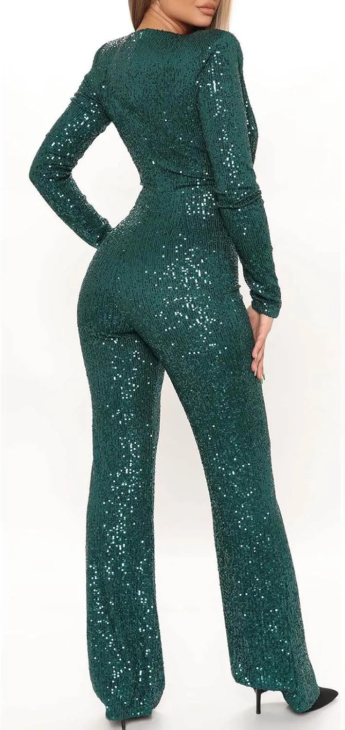 Uillui Womens Formal Sparkly Sequin Jumpsuits Cocktail Party Sexy V Neck High Waist Romper Long Sleeve Elegant Wide Leg Pant