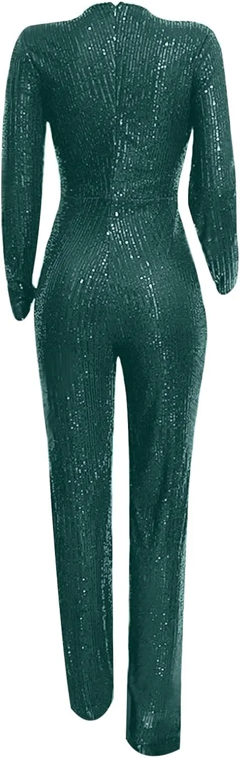 Uillui Womens Formal Sparkly Sequin Jumpsuits Cocktail Party Sexy V Neck High Waist Romper Long Sleeve Elegant Wide Leg Pant