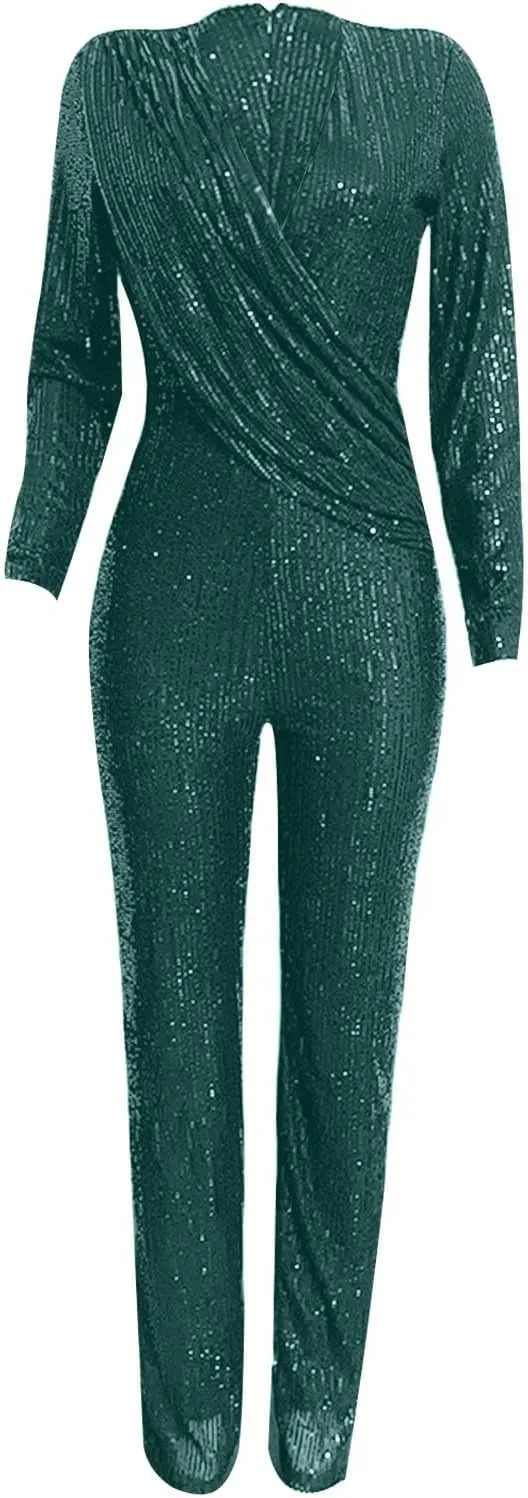 Uillui Womens Formal Sparkly Sequin Jumpsuits Cocktail Party Sexy V Neck High Waist Romper Long Sleeve Elegant Wide Leg Pant