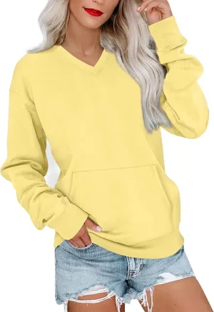V Neck Sweatshirt Women Fleece Pocket Cute Sweatshirts No Hood Oversized Comfy Hoodie Y2k Soft Winter Clothes