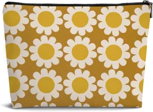 Vintage Floral Aesthetic Makeup Bag,Yellow Leather Small Zipper Pouch for Purse,Travel Organizer Pouch Small Makeup Bag for Purse,Colorful Floral Cosmetic Bag for Teen Girls Women