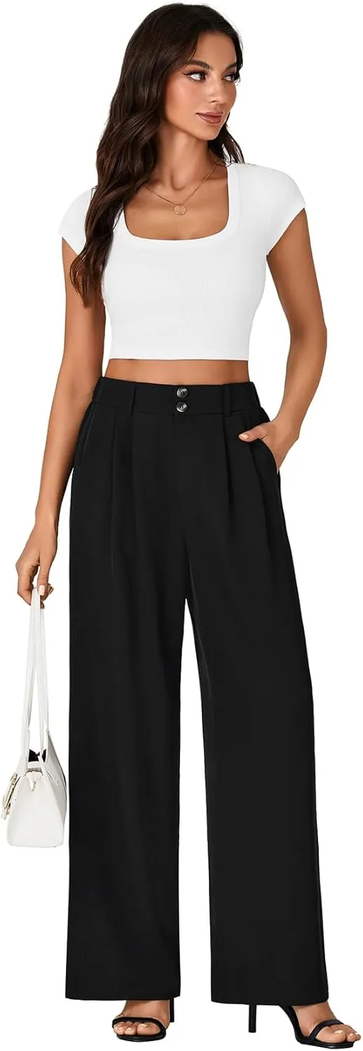 Vrtige Women's Elastic High Waisted Wide Leg Long Pants Office Casual Trousers with Pockets