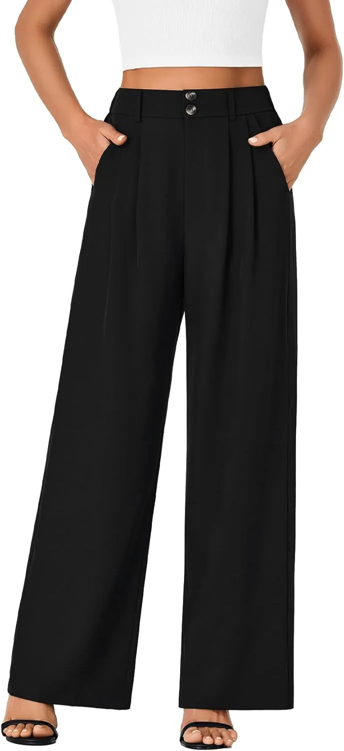 Vrtige Women's Elastic High Waisted Wide Leg Long Pants Office Casual Trousers with Pockets