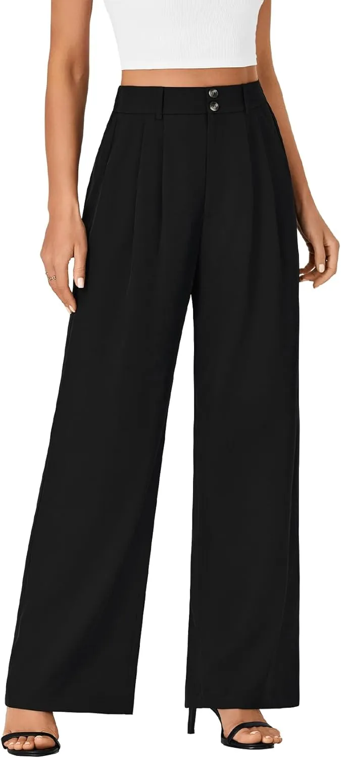 Vrtige Women's Elastic High Waisted Wide Leg Long Pants Office Casual Trousers with Pockets