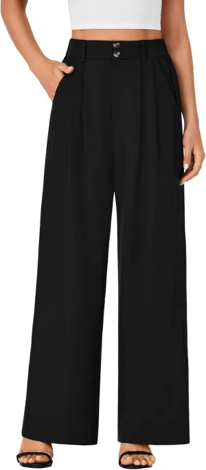 Vrtige Women's Elastic High Waisted Wide Leg Long Pants Office Casual Trousers with Pockets