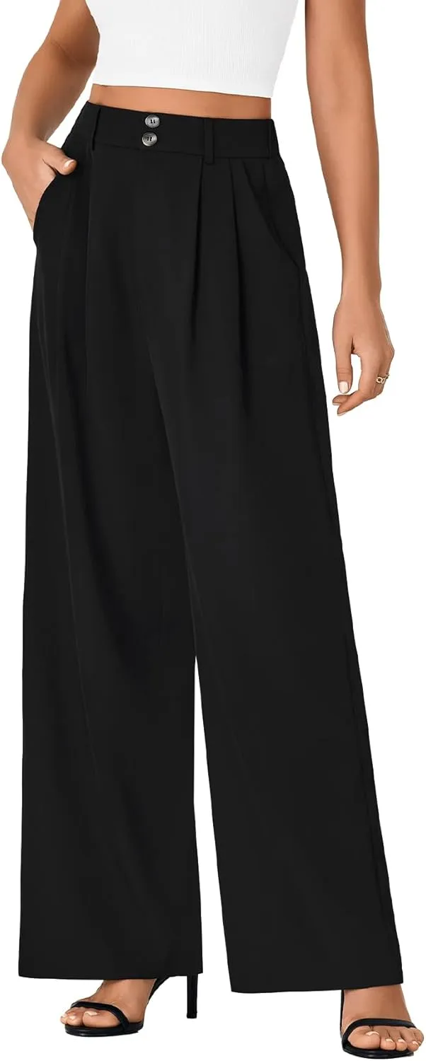 Vrtige Women's Elastic High Waisted Wide Leg Long Pants Office Casual Trousers with Pockets