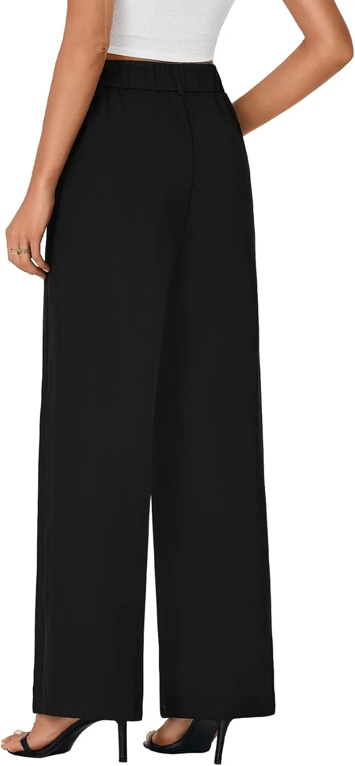 Vrtige Women's Elastic High Waisted Wide Leg Long Pants Office Casual Trousers with Pockets
