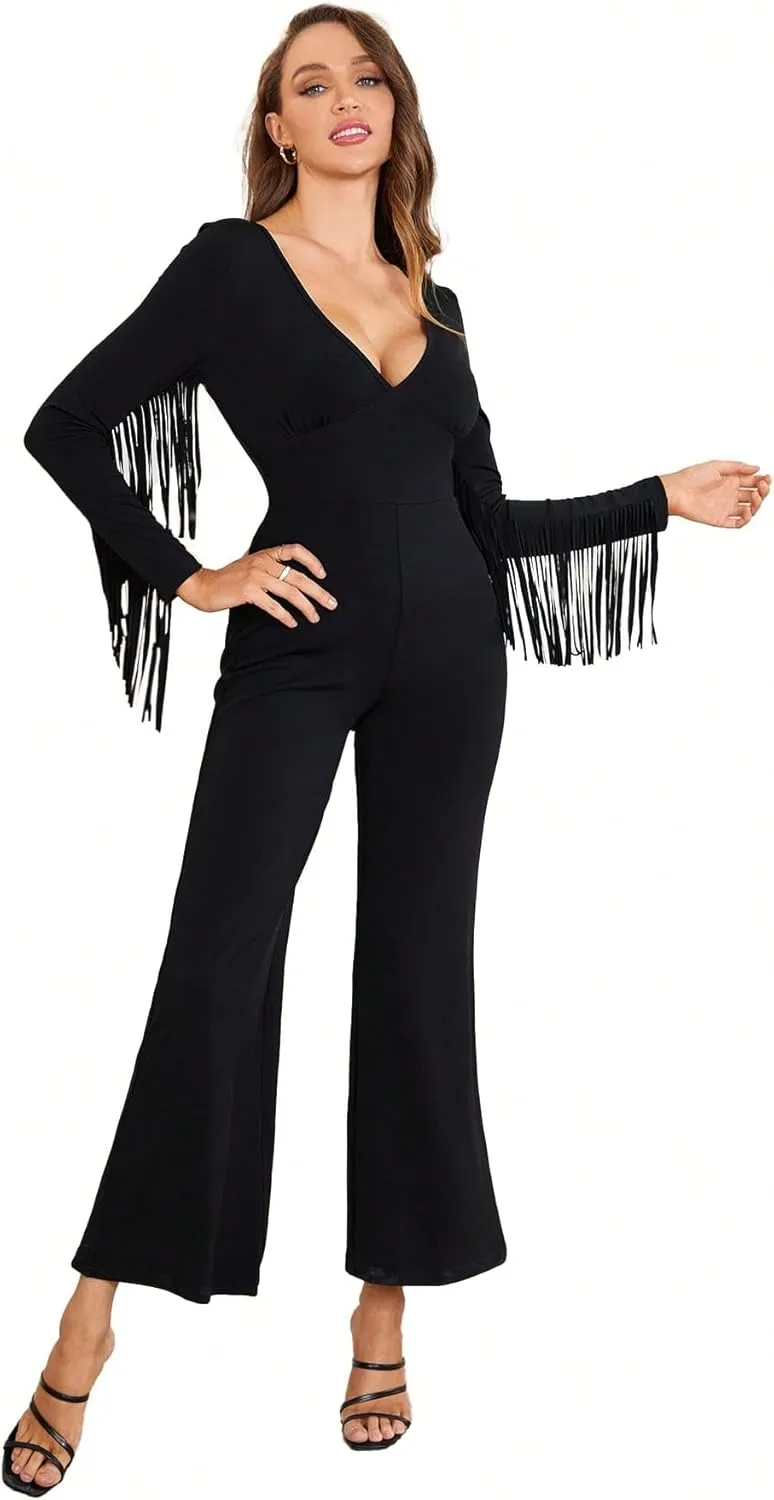 WDIRARA Women's Fringe Trim Straight Leg Jumpsuit V Neck Long Sleeve Casual Long Romper