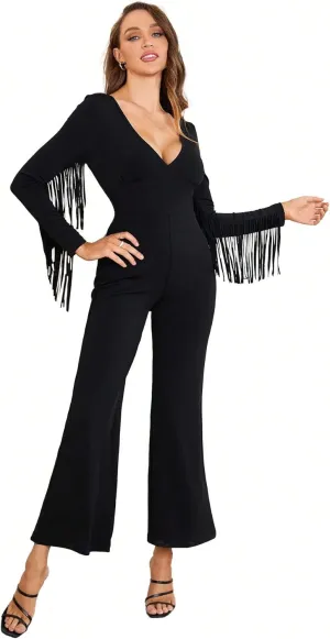 WDIRARA Women's Fringe Trim Straight Leg Jumpsuit V Neck Long Sleeve Casual Long Romper