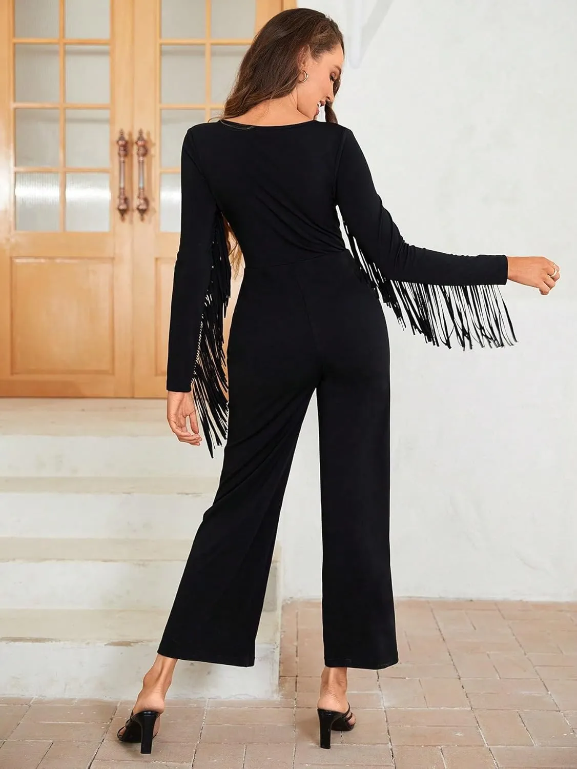 WDIRARA Women's Fringe Trim Straight Leg Jumpsuit V Neck Long Sleeve Casual Long Romper