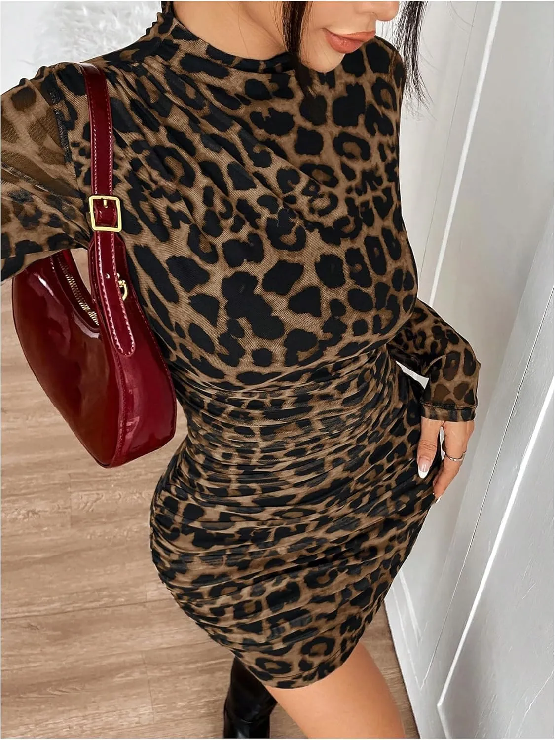 WDIRARA Women's Leopard Print Ruched Bodycon Mini Dress Mock Neck Long Sleeve Dresses