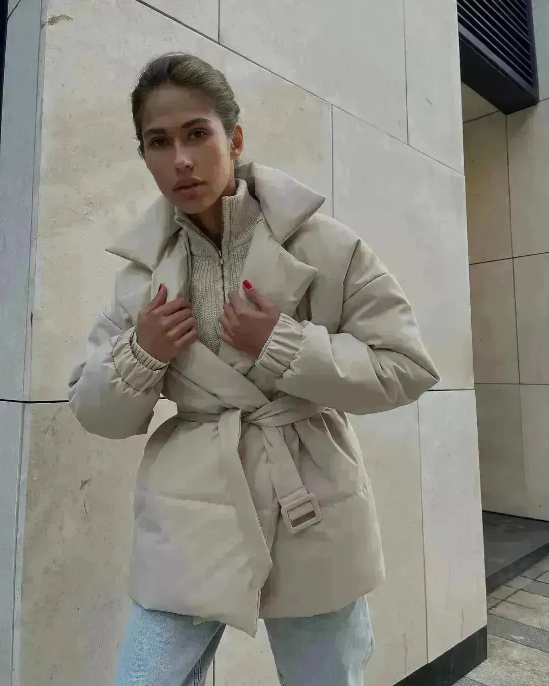 Winter Lapel Waisted Cotton Coat Hooded Winter Jacket women
