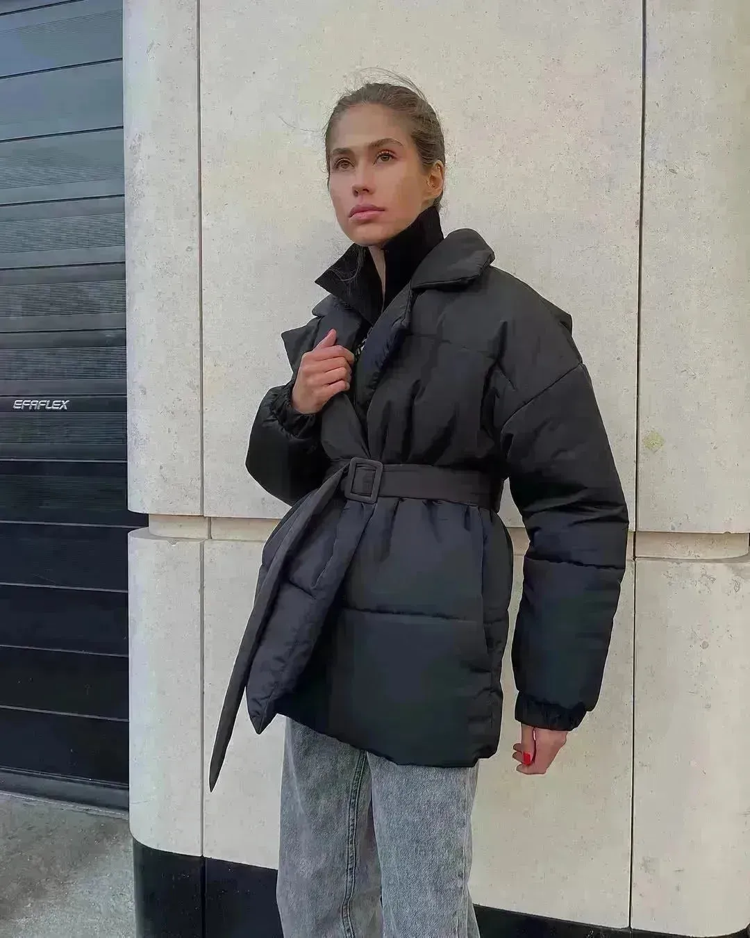 Winter Lapel Waisted Cotton Coat Hooded Winter Jacket women