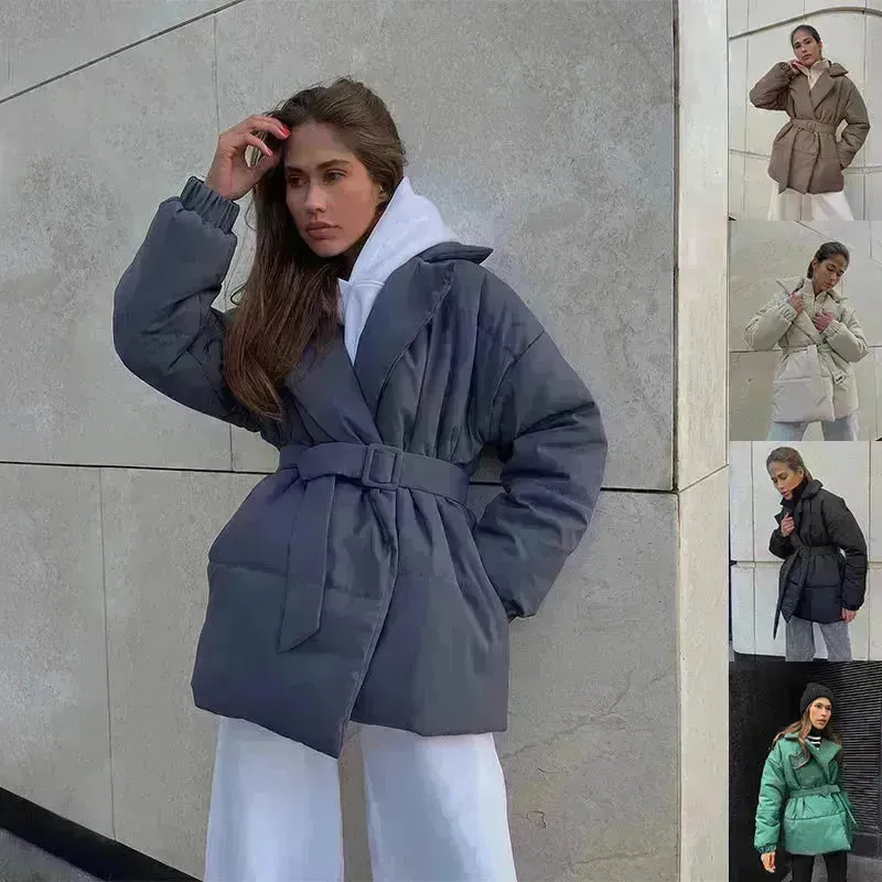 Winter Lapel Waisted Cotton Coat Hooded Winter Jacket women