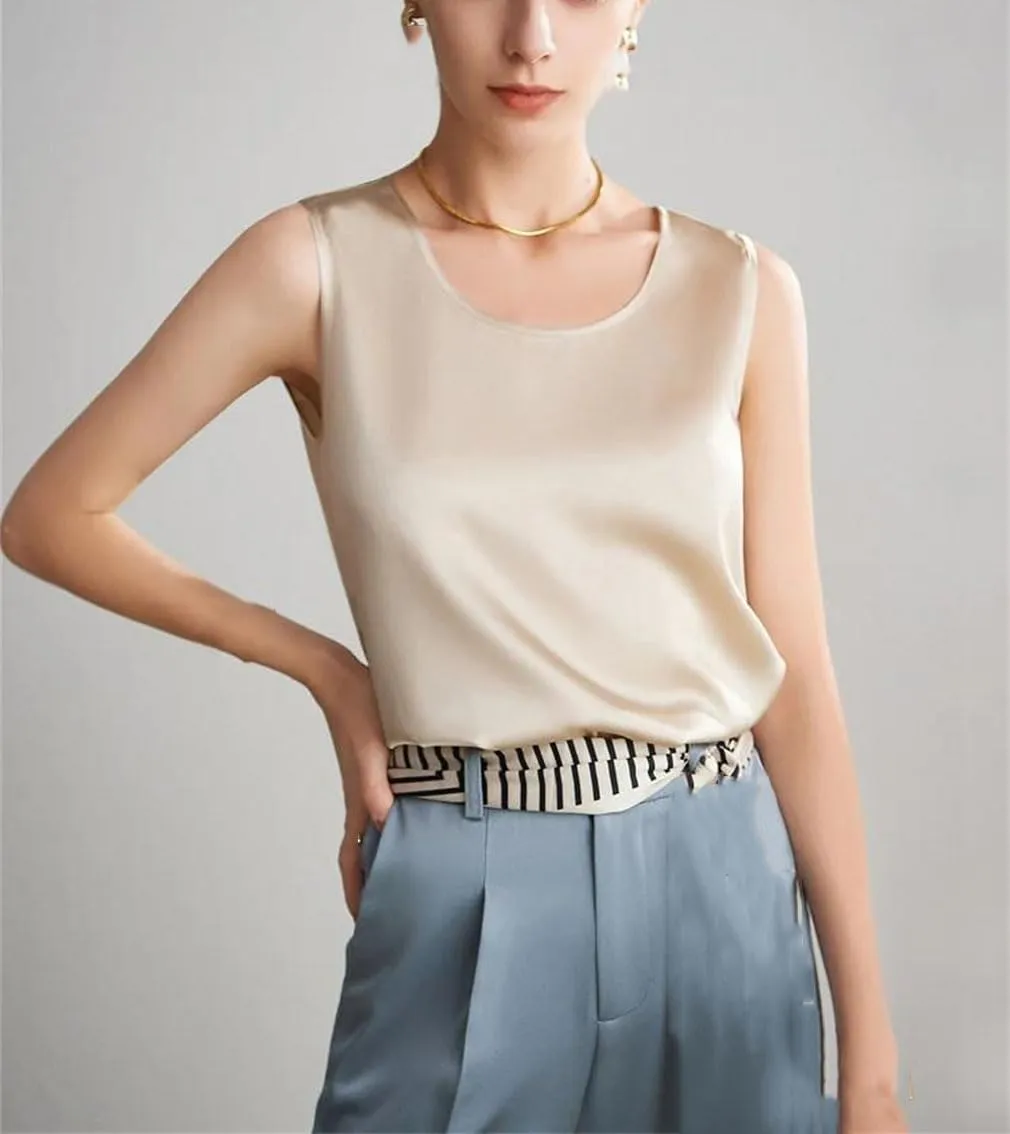 Women Basic Tanks Silk O-Neck Sleeveless Tshirt Summer Solid Vests
