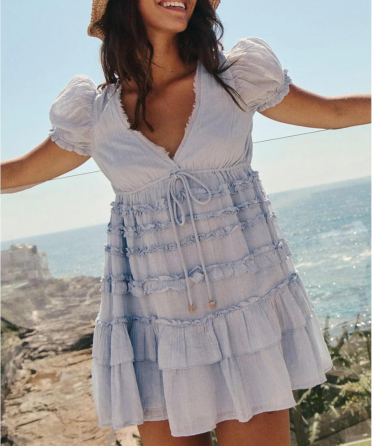 Women Boho Floral Puff Short Sleeve Smocked Ruffle Mini Dress Y2k Square Neck Backless Flowy Babydoll Dresses